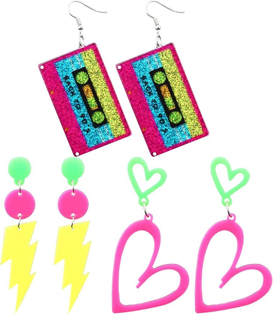 3 Pairs 80s 90s Neon Earrings for Women, Acrylic Retro Heart Tape & Lightning Geometric Dangle Ne... | Amazon (US)