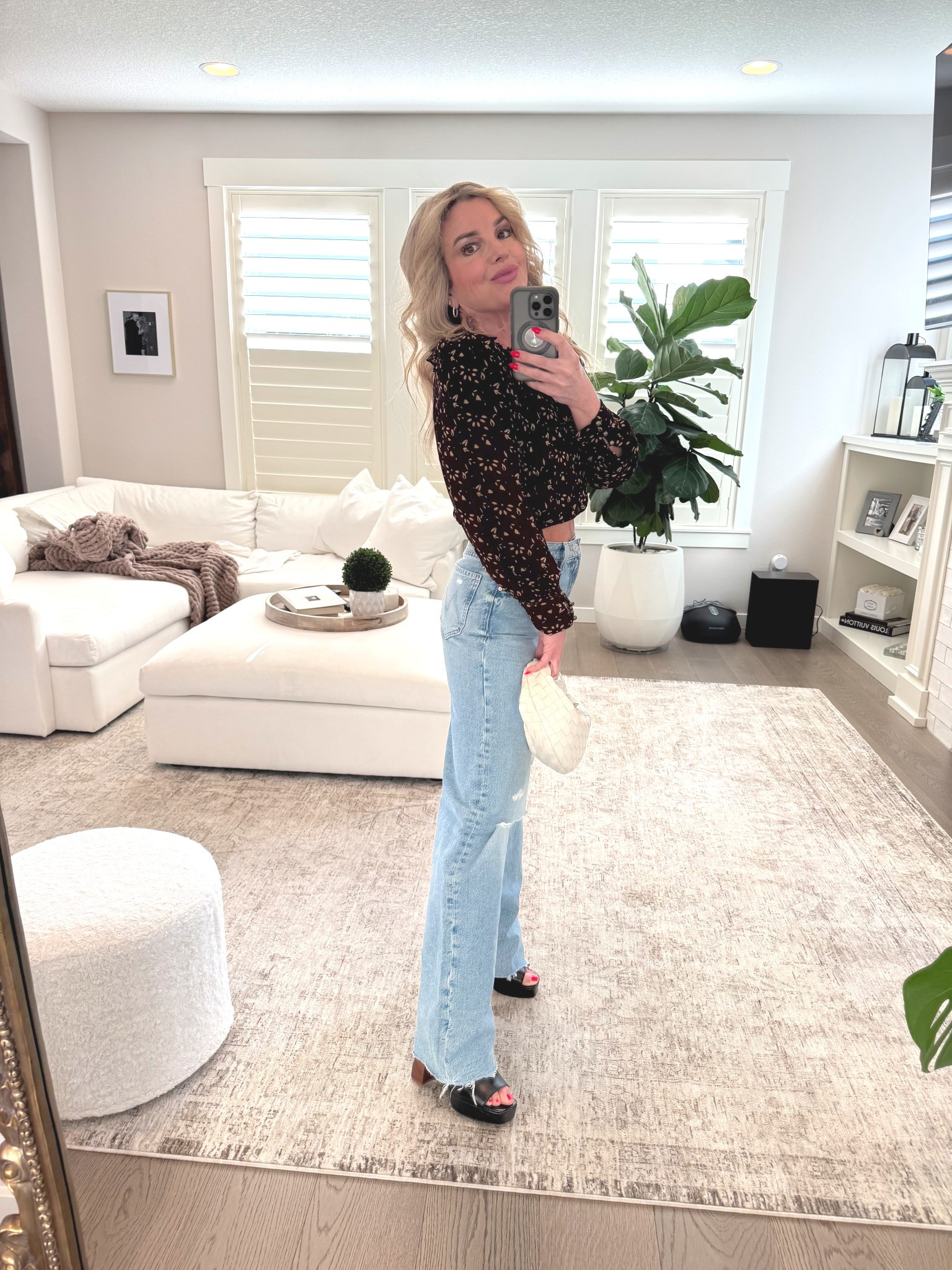 Mother Denim size 24
Cleobella blouse XS
Vince Camuto heels 
Bottega Mini Jodie

#LTKOver40