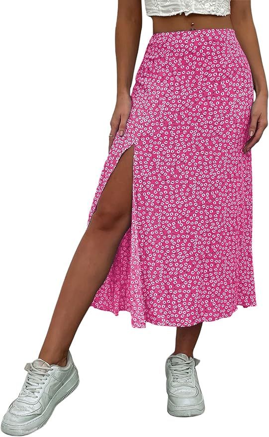 Avanova Women Boho Floral Slit Slip Midi Skirt High Waist Summer A Line Skirt | Amazon (US)