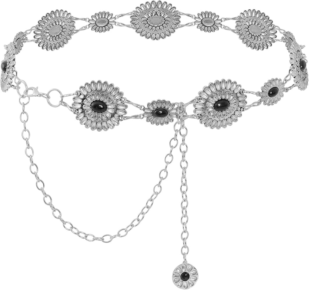 Western Oval Concho Chain Belt for Women Metal Waist Chain Belt for Dresses Jeans Western Cowgirl | Amazon (US)