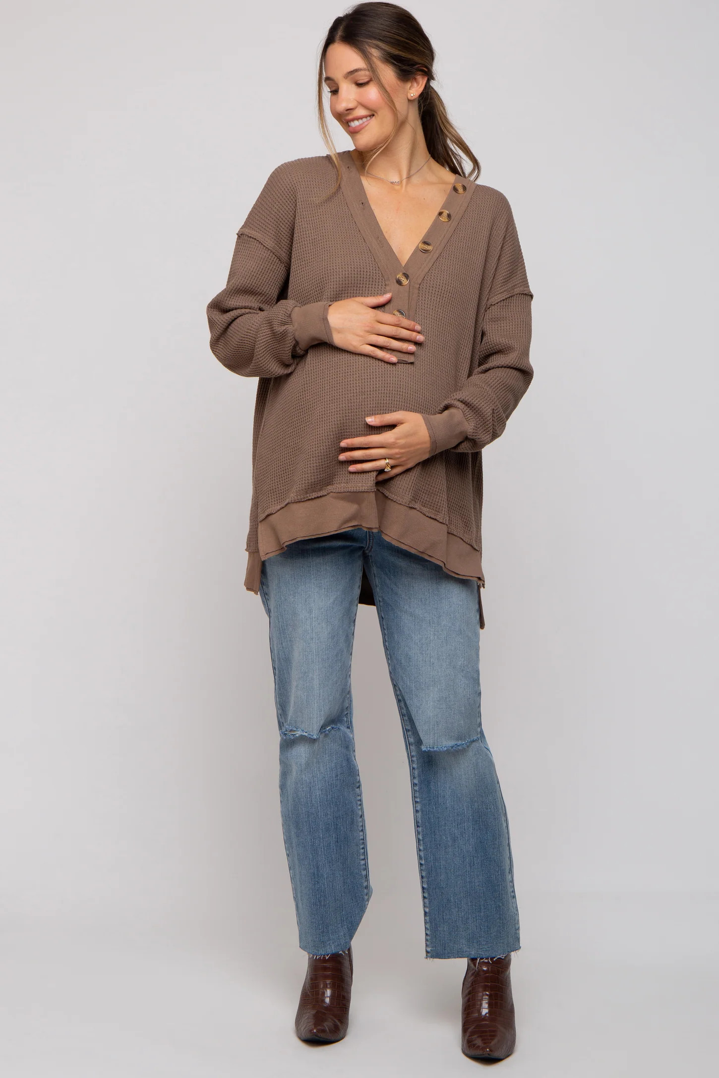 Mocha Waffle Knit Deep V-Neck Maternity Top | PinkBlush Maternity