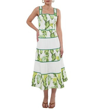 Lisha Woven Floral Leaf Print Square Neck Sleeve Scallop Trim Tiered A-Line Midi Dress | Dillard's