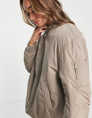 River Island curved hem bomber jacket in light brown | ASOS (Global)