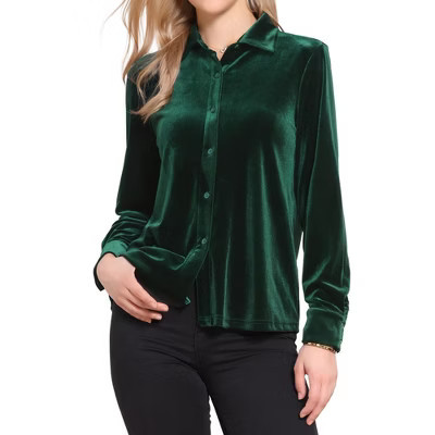 INSPIRE CHIC Women's Vintage Velvet Button Down Collared Long Sleeve Shirt Large Green | Target