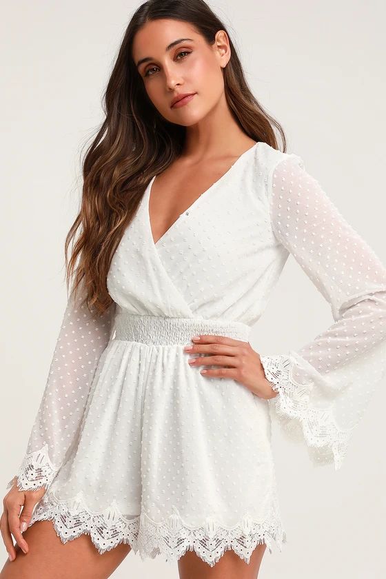 Meadowlake White Swiss Dot Lace Bell Sleeve Romper | Lulus (US)