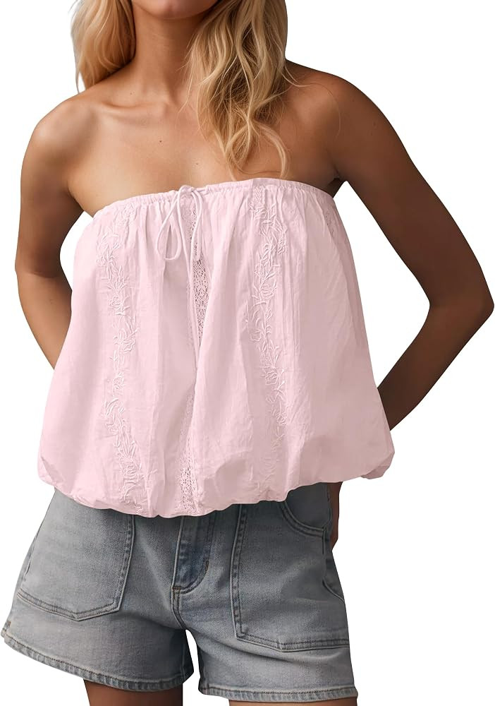 MISSACTIVER Women\u2019s Lace Embroidered Bubble Hem Tube Top Flowy Strapless Drawstring Tie Fron... | Amazon (US)