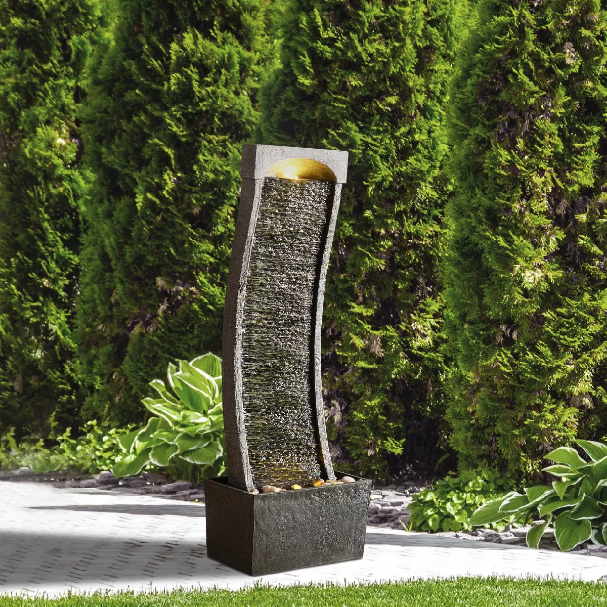 37.8" Modern Curved Indoor/Outdoor Waterfall Fountain with LED Lights - Slate - Teamson Home: Res... | Target