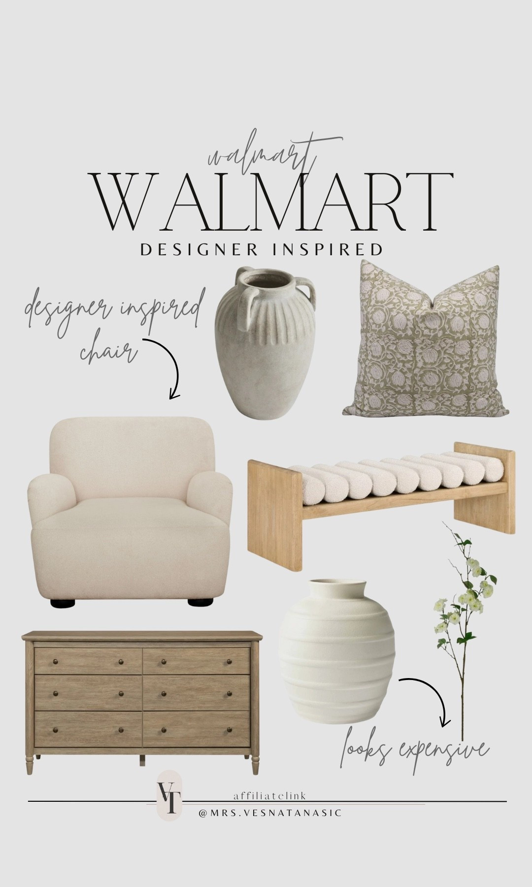 Walmart designer inspired pieces that are affordable! 

@walmart #walmartfinds #walmarthome #walmart #livingroom #modernbench #accentchair #vase #lookforless #dresser #throwpillpw #budgetfriendly 

#LTKHome #LTKSaleAlert #LTKSeasonal