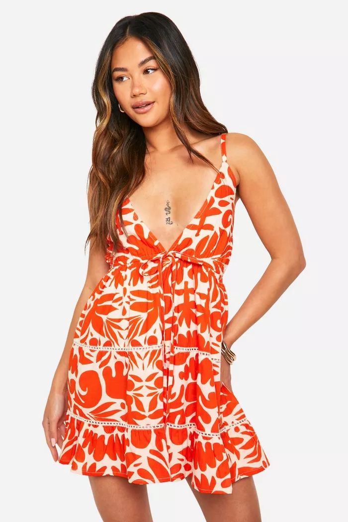 Abstract Printed Cotton Crochet Trim Mini Dress | boohoo (US & Canada)