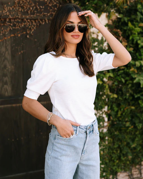 Blissful Feeling Ribbed Short Sleeve Top - White | VICI