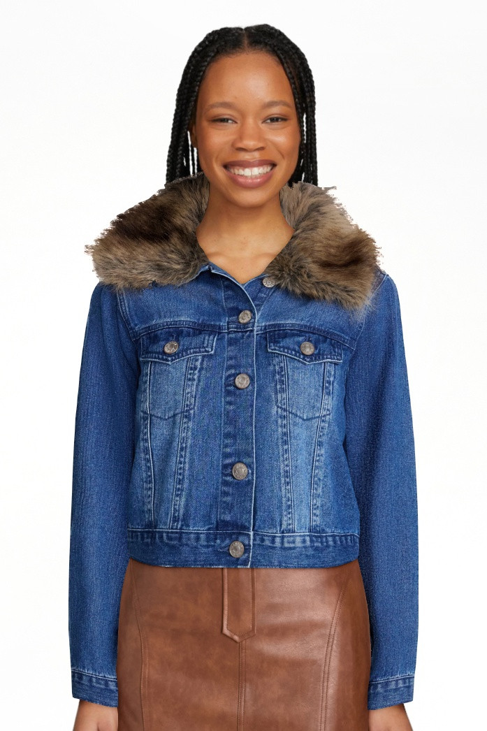 Madden NYC Women's Cropped Denim Jacket with Faux Fur Collar, Sizes XXS-XXL | Walmart (US)
