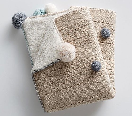 Cable Knit Pom Pom Baby Blanket | Pottery Barn Kids
