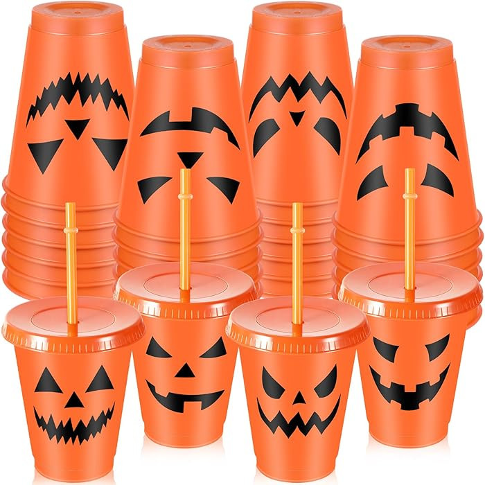 16 Pcs Halloween Party Cups 16 oz Plastic Cups with Lids and Straws Pumpkin Face Reusable Tumbler... | Amazon (US)