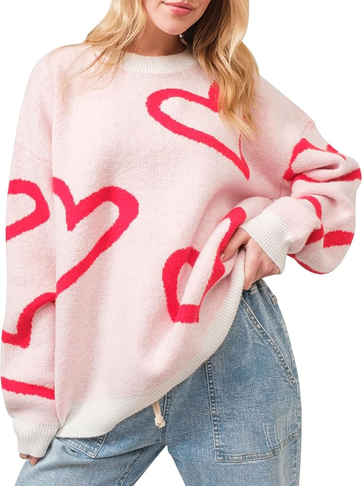 KMBANGI Women Heart Print Sweater Romantic Oversized Knitted Shirt Valentine Love Cute Graphic Lo... | Amazon (US)