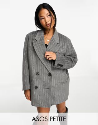 ASOS DESIGN Petite strong shoulder grandad jacket in gray pinstripe | ASOS (Global)