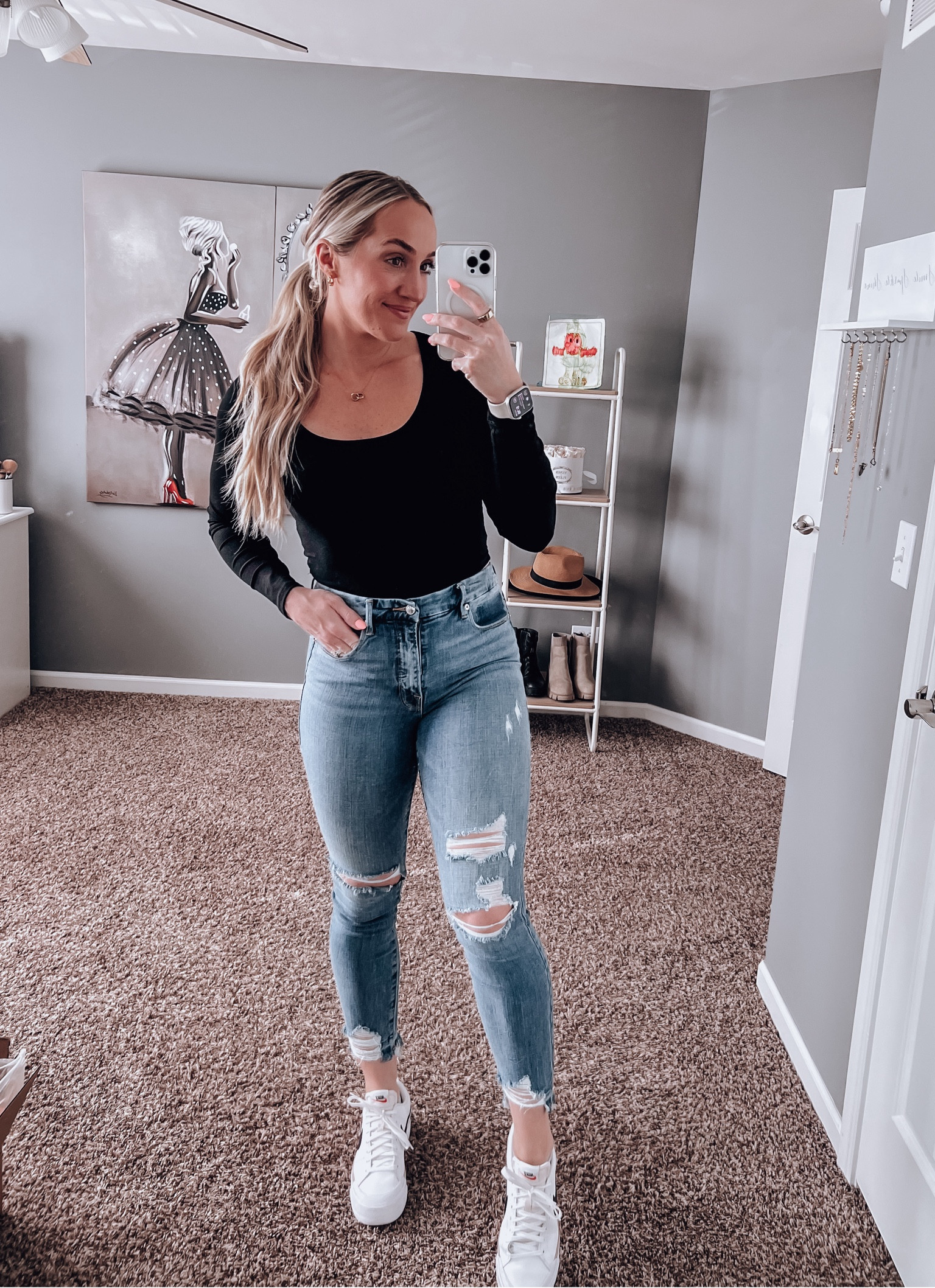 Date night outfit, girls night outfit, casual outfit, long sleeve shirt, long sleeve crop top, black top, black shirt, neutral outfit, nike sneakers, white sneakers, white shoes, white gym shoes, nike gym shoes, jeans and a top, cute outfit ideas, outfit inspo

#LTKshoecrush #LTKfindsunder50 #LTKsalealert