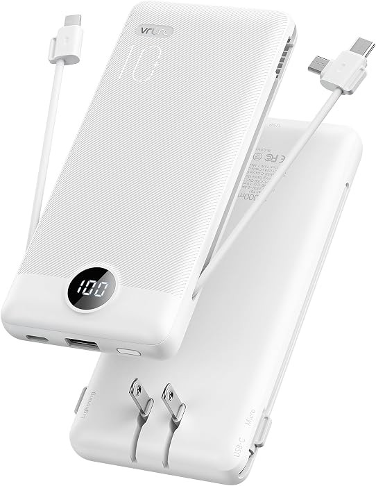 VRURC Portable Charger with Cables and Wall Plug | Power Bank with Cords | 10000mAh Portable Char... | Amazon (US)