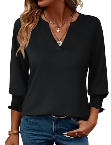 LOMON Women's 3/4 Sleeve Casual Tops Solid Color V Neck Loose Fit Shirts Blouses Black | Amazon (US)