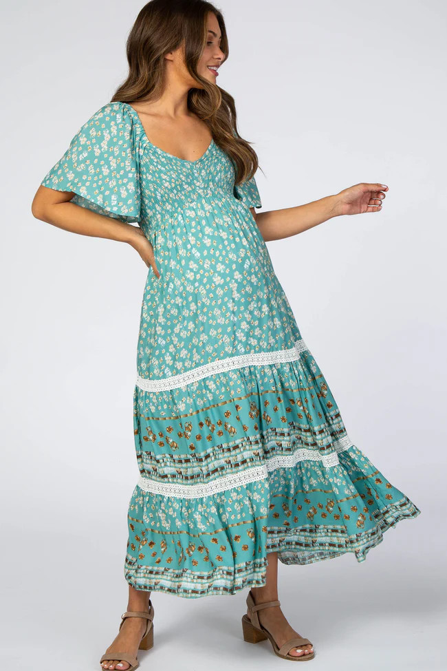 Blue Printed Smocked Maternity Midi Dress | PinkBlush Maternity