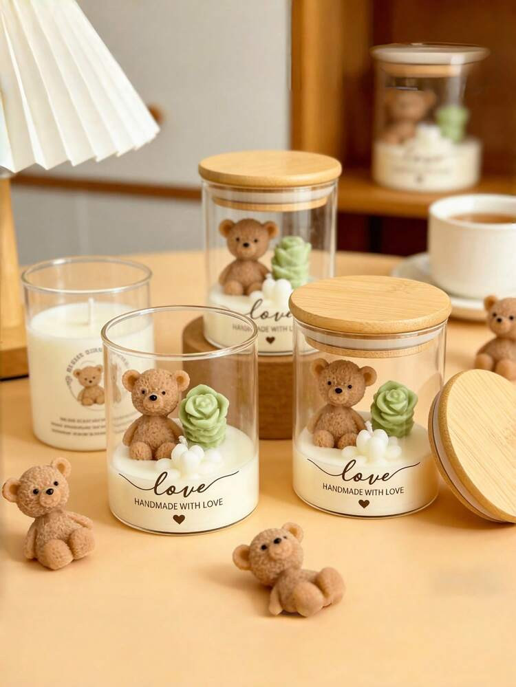 Cute Bear Succulent Soy Wax Candle Figurine, Adorable Souvenir, Home Decor Candle, Handmade Conta... | SHEIN