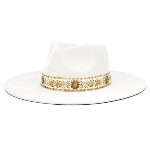 FLUFFY SENSE. Big Wide Brim Felt Rancher Fedora Hat for Women and Men - Boho Western Hat with 4 inches Flat Brim (US, Alpha, Large, Pure White) | Amazon (US)