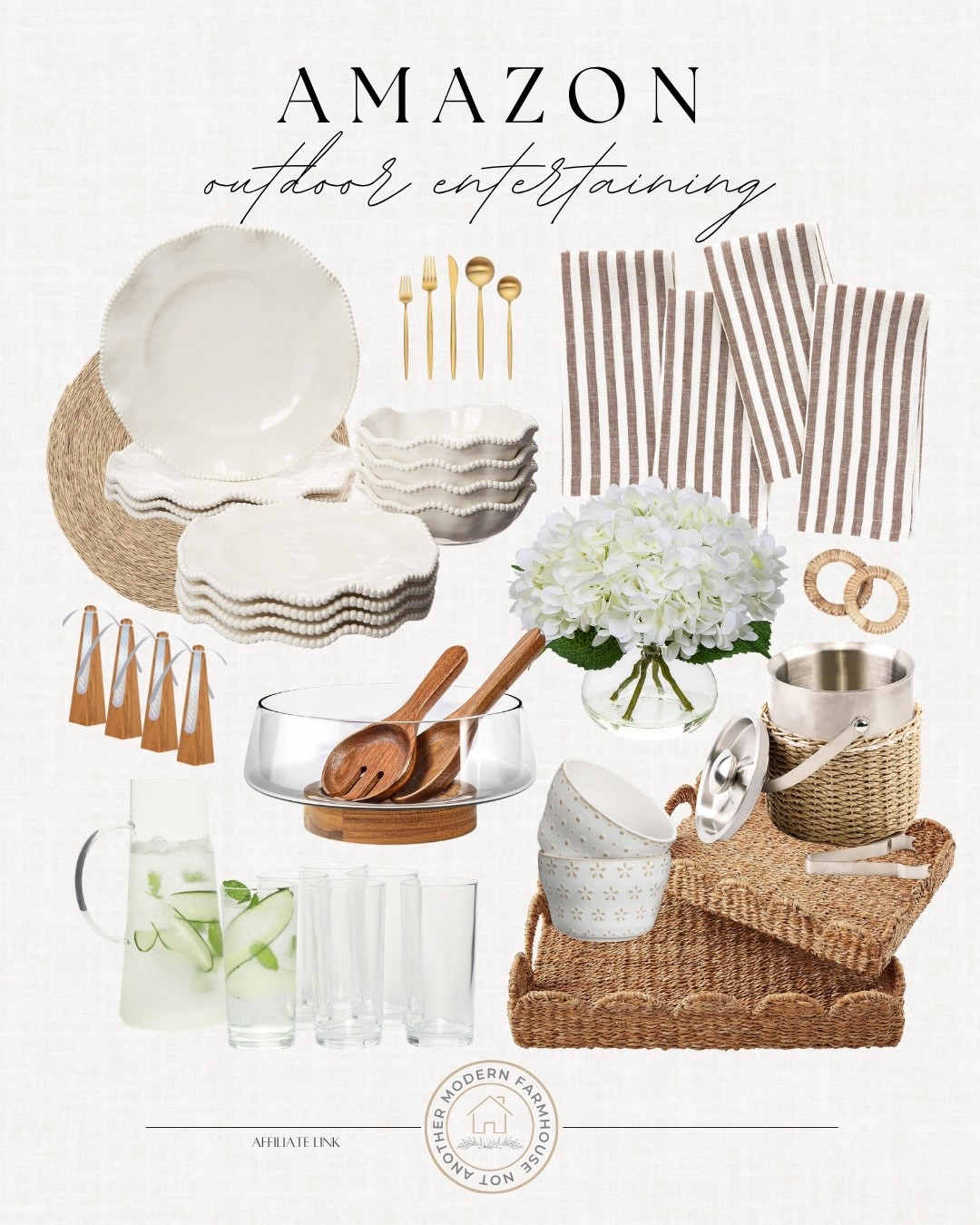 Amazon outdoor entertaining finds for a simple and elevated summer table. 🌿

Amazon outdoor entertaining, outdoor entertaining essentials, amazon hosting finds, summer table decor, patio hosting ideas, outdoor dinner party, neutral table setting, woven serving tray, hydrangea centerpiece, striped napkins, gold flatware set, scalloped dinnerware, acrylic drink pitcher, outdoor drinkware, ice bucket with lid, serving bowl set, modern farmhouse decor, summer hosting essentials, amazon kitchen and dining, elevated entertaining finds.

#LTKSaleAlert #LTKHome #LTKSeasonal