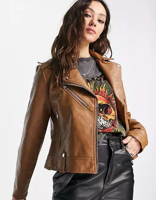 Topshop faux leather biker jacket in tan | ASOS | ASOS (Global)
