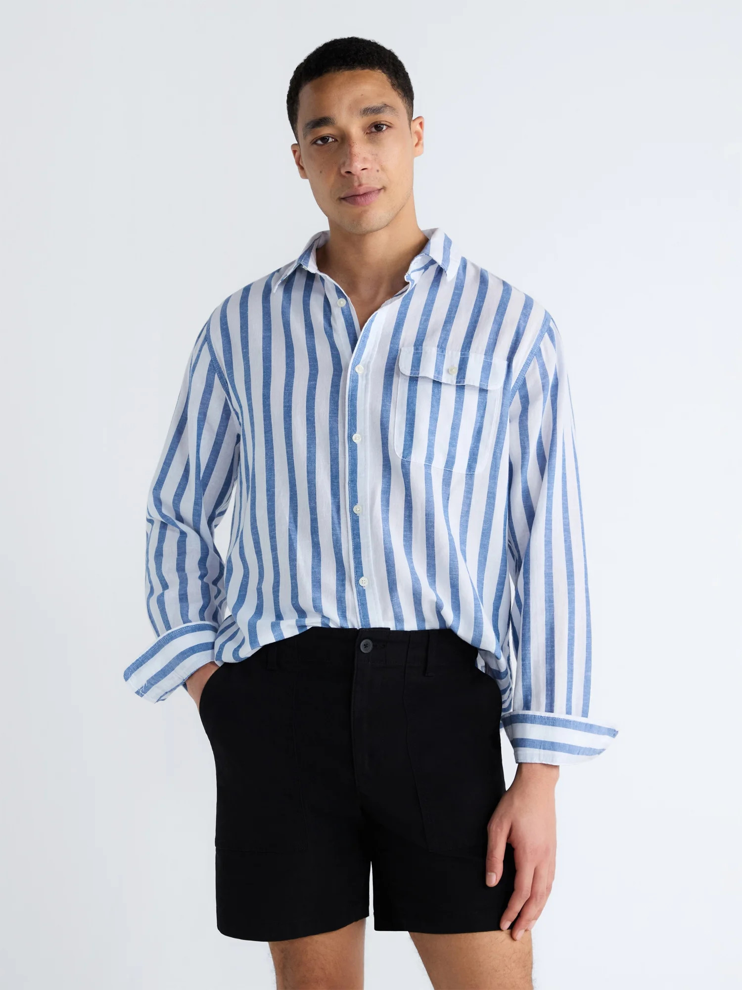 Free Assembly Men's Striped Linen Blend Button Front Shirt with Long Sleeves, Sizes XS-3XL | Walmart (US)