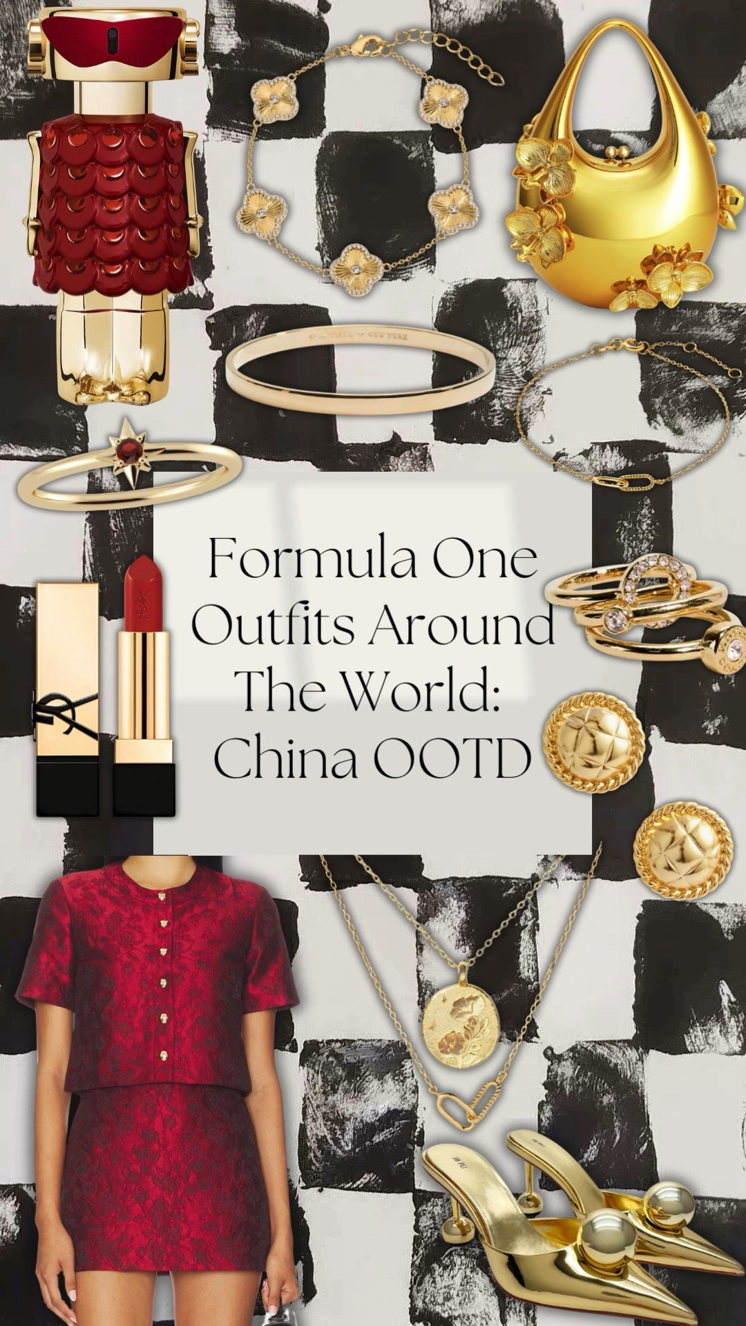 
Welcome back to Formula One Outfits Around The World, where I curate a look for race Sunday Inspired by each Grand Prix Location. 
.
This weeks location is round two: The China Grand Prix OOTD 🇨🇳🏎️🏁
. 
I was really inspired by this red skort and top set from revolve, it screams China’s love for the color red to me with the hints of gold. Those are the two main colors I wanted to work around, so a pair of gold heels and 3D floral overlay hand bag. To match the buttons on the top, I found button earrings to match. For the rest of the jewelry, a matching paperclip necklace and bracelet, a gold bangle, a floral necklace with a matching floral van clef dupe necklace to tie in the purse. A stack of silver rings and a ruby star ring. To tie the whole red and gold look together, the perfect shade of red lipstick and a floral scented perfume. I would so wear this outfit (I would wear any of these outfits to be truthful) and honestly will be purchasing the red set for the summer. 
. #LTKSpringSale 

#LTKgrwm #LTKootd