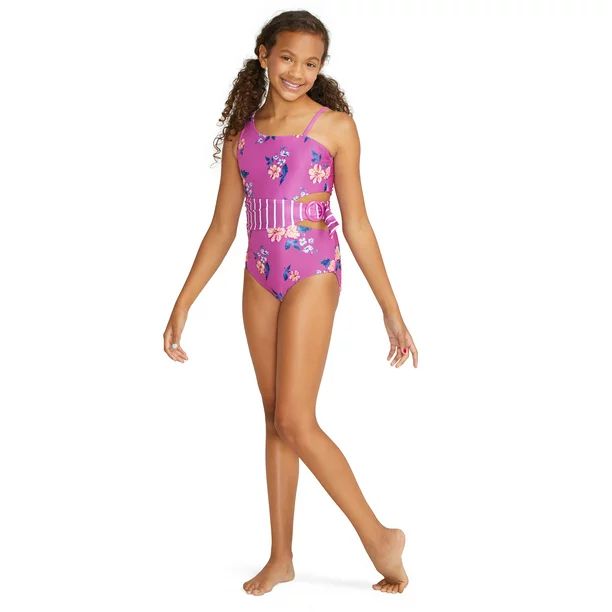Justice Girls 1 Piece Cut Out Belted Floral Print Swimsuit, Sizes 5-18 | Walmart (US)
