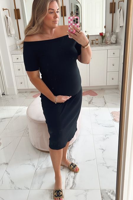 curvy black ribbed off the shoulder midi dress! i’m wearing the size large. not maternity but works well with a bump! 

#LTKunder50 #LTKcurves #LTKbump