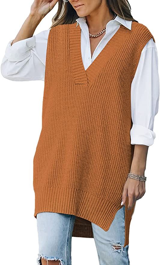 Kisscynest Women's Oversized V Neck Knitted Sweater Vest Casual Loose Sleeveless Sweater Pullover | Amazon (US)