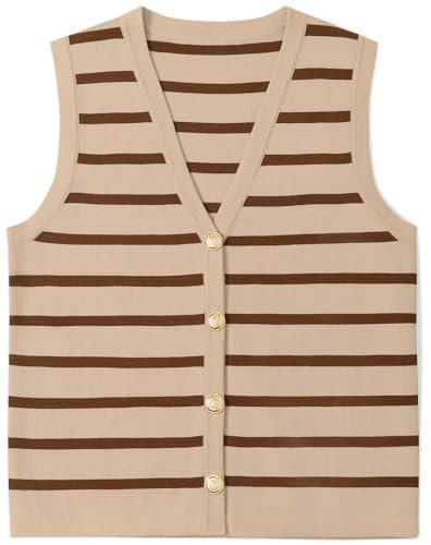 UEU Women’s Button Up Sweater Vest V Neck Striped Kint Vests Fashion Summer & Fall Sleeveless Tops Apricot Coffee Striped Medium | Amazon (US)