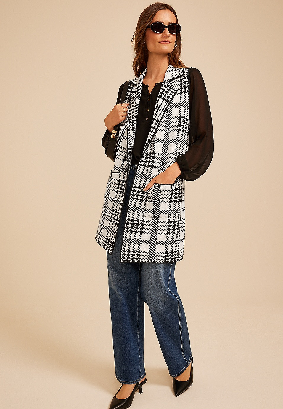 Houndstooth Open Front Duster Vest | Maurices