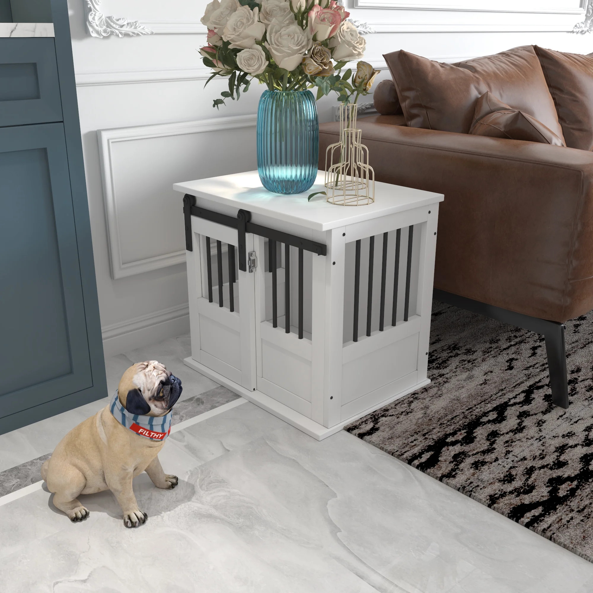 Wooden Dog Crate Furniture with End Table, Pet Cages for Small Animals with Sliding Door, White | Walmart (US)