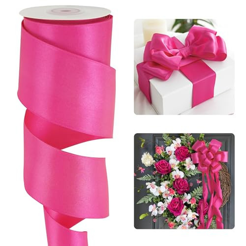 HUIHUANG Hot Pink Satin Wired Ribbon 2.5 inch Fuchsia Pink Wire Edge Ribbon for Wreaths, Bows Making, Gift Wrapping, Garland, Home Decor, Crafts, Christmas Tree Bows-Continous 10 Yards | Amazon (US)