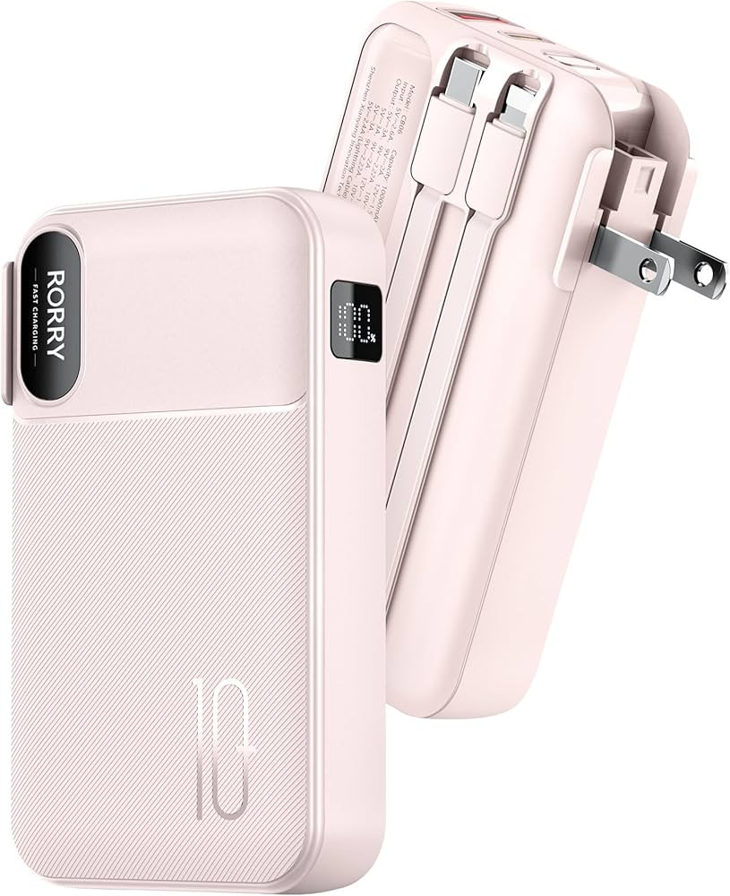 RORRY Portable Charger Built in Cables, AC Wall Plug in Portable Charger Power Bank 10000mAh Trav... | Amazon (US)