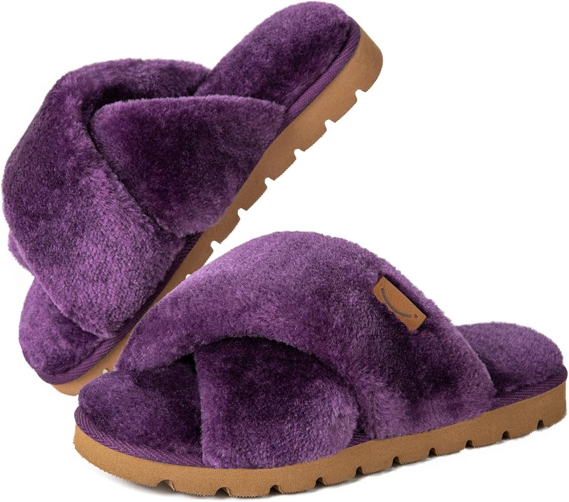Women's Cozy Fuzzy Cross Band Memory Foam House Slippers | Amazon (US)
