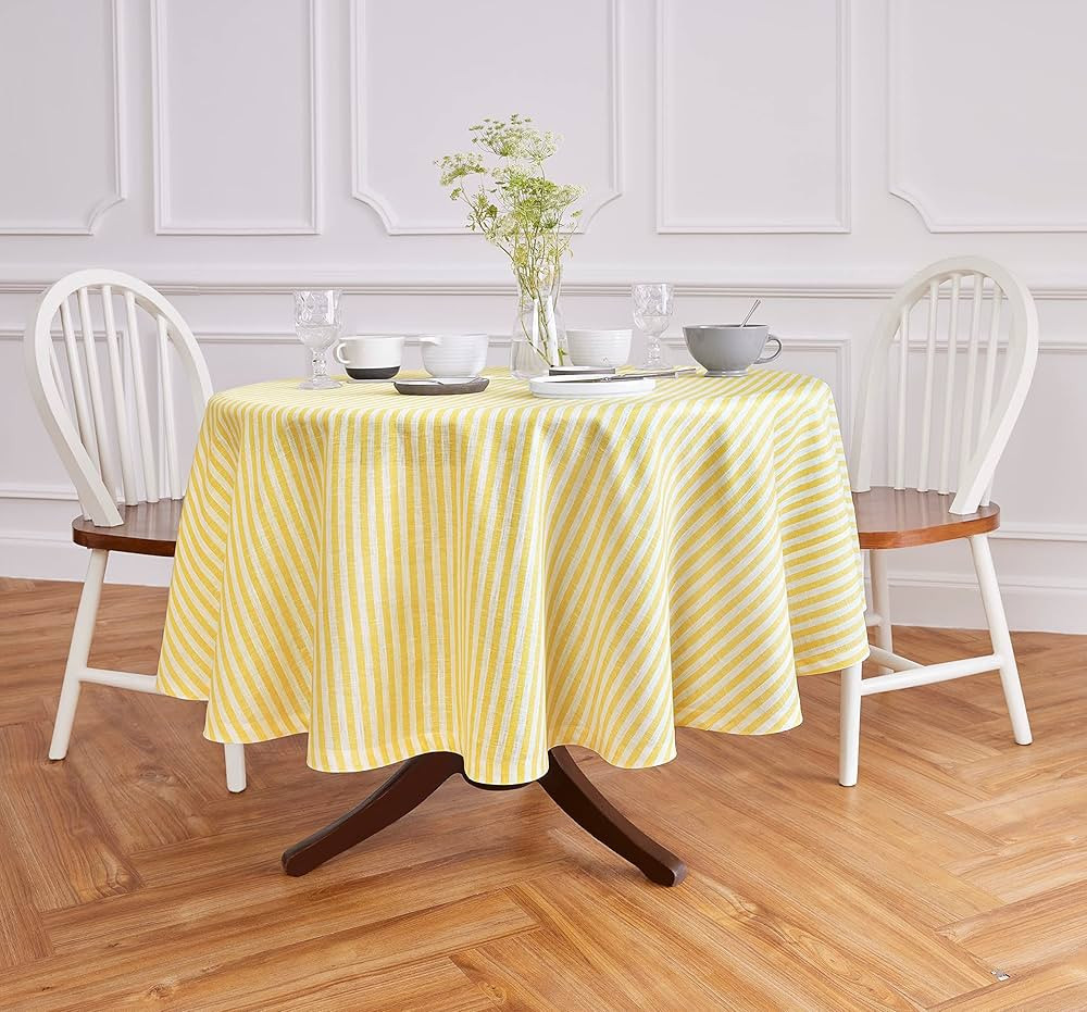 Solino Home Linen Round Tablecloth 60 Inch – 100% Pure Linen Primrose Yellow and White Tableclo... | Amazon (US)