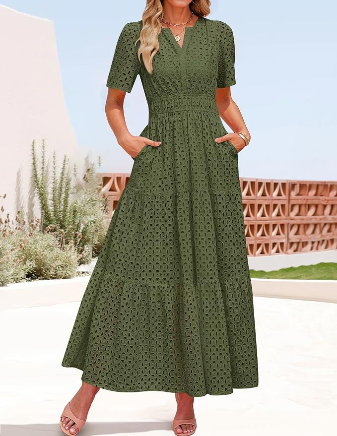 ZESICA Women's 2025 Summer Short Sleeve Maxi Dress Casual V Neck Hollow Out Eyelet Ruffle Swing A... | Amazon (US)