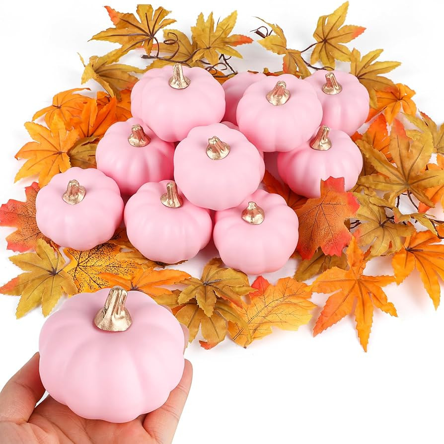 FOIMAS 12pcs Pink Artificial Pumpkins,Small Faux Pumpkins Lifelike Foam Pumpkin for Fall Halloween Thanksgiving Home Decoration Harvest Decor | Amazon (US)