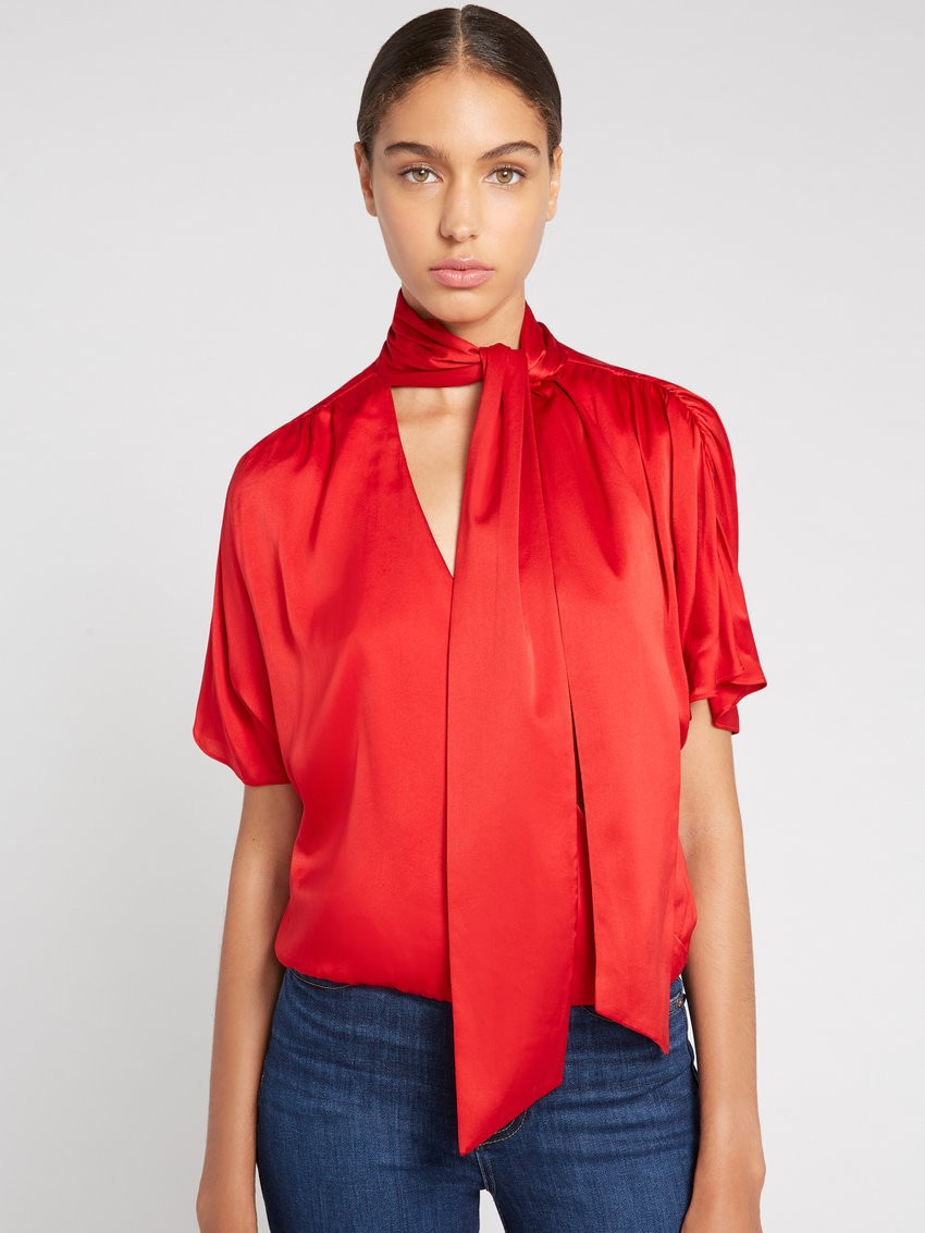LIVVY TIE NECK MOCK WRAP TOP | Alice + Olivia | Alice + Olivia