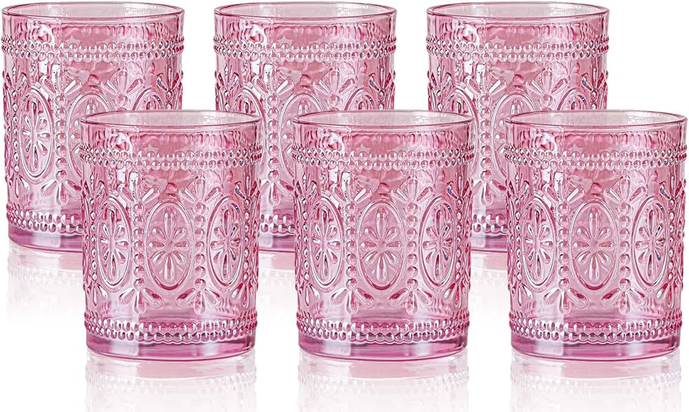 Amazon.com | 6 Pack Pink Vintage Glassware Set, 10oz Romantic Drinking Glasses, Colored Water Gla... | Amazon (US)