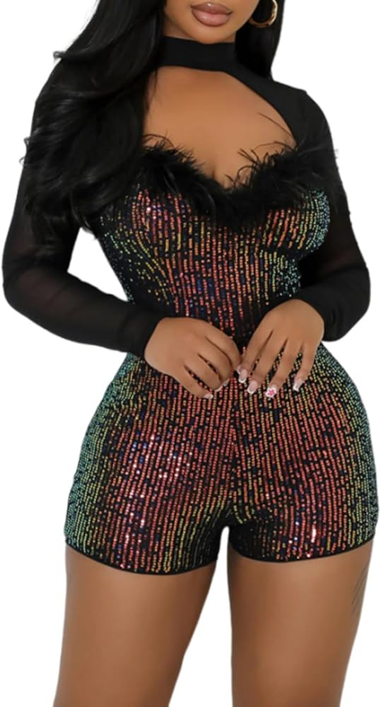 Women Sequin Bodcon Romper Mesh Long Sleeve Sexy Sparkly Jumpsuit Shorts Gliter Club Party Outfit... | Amazon (US)