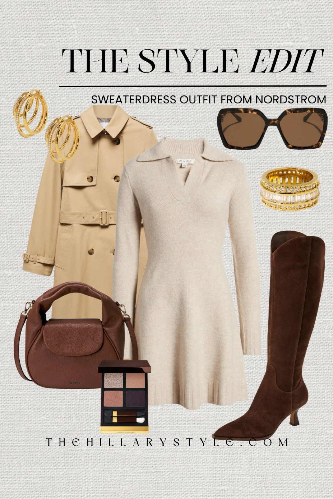 The Style Edit: Fall Sweaterdress Outfit from Nordstrom. Polo sweaterdress, trench coat, brown boots, origami handbag, brown sunglasses, stack rings, gold hoops, eyeshadow palette. Mila Mae, Mango, Dolce Vita, Oryany, Diff, Child of the Wild, Nadri, Tom Ford, Nordstrom. Fall outfit, fall sweaterdress, sweaterdress outfit, casual outfit, fall dress outfit.

#LTKStyleTip #LTKOver40 #LTKSeasonal