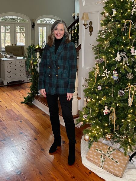 Walmart is rocking the holiday plaids! Loving this plaid double breasted blazer! Wearing a size small. #walmartfashion #blacksuedeboots #holidayoutfit

#LTKshoecrush #LTKHoliday #LTKstyletip