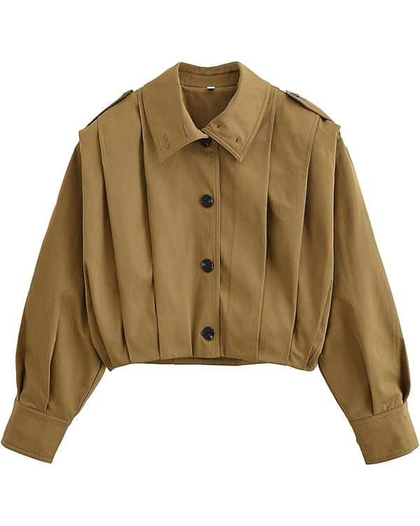 Women's Cropped Pleated Jacket Long Sleeve Collared Button Down Casual Short Trench Coat Spring F... | Amazon (US)