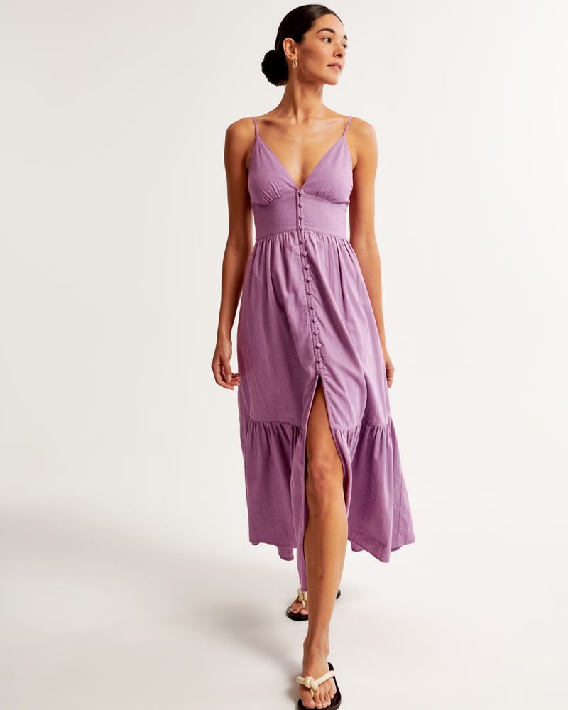 Linen-Blend Button-Through Maxi Dress | Abercrombie & Fitch (US)