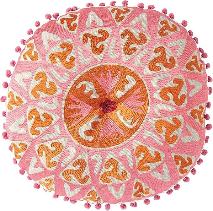 Creative Co-Op Round Pink & Orange Cotton Embroidered Pink Pom Trim Pillows | Amazon (US)