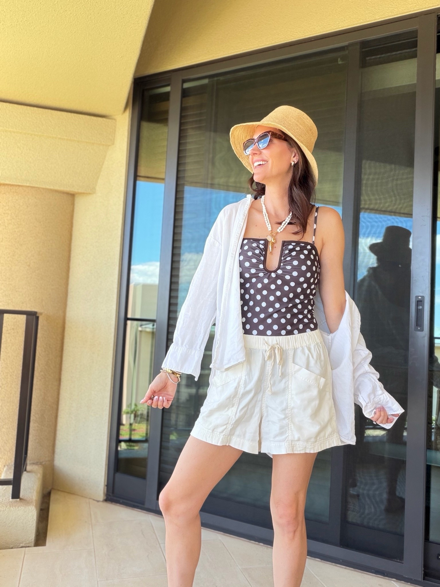 I am wearing a medium in the swimsuit. I usually size up. However, I could have gone small, so if you are between or smaller chested go down. This hat was a rec by a friend and also comes in black. Oversized shirt is a small.

#LTKootd #LTKSwim #LTKTravel